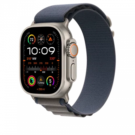 Apple Watch Ultra2 Cellular 49mm titanium case with Blue Alpine loop - large