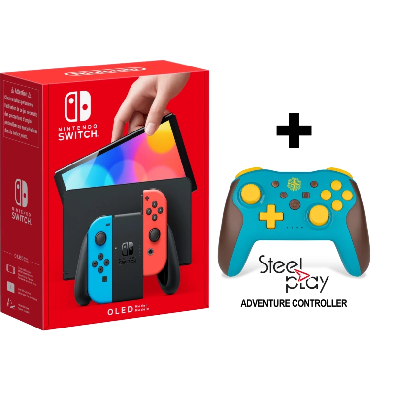 Nintendo Switch OLED Console - Red & Blue Joy-Con Adventure Controller Bundle