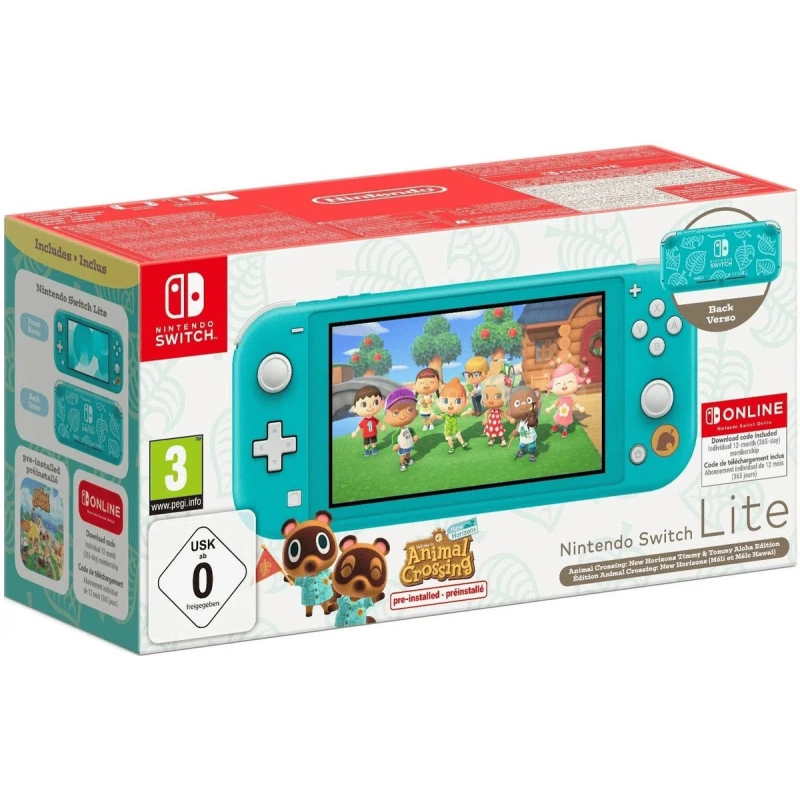 Nintendo Switch Lite Console - Turquoise Animal Crossing Tommy & Tommy Aloha & 12M NSO bundle