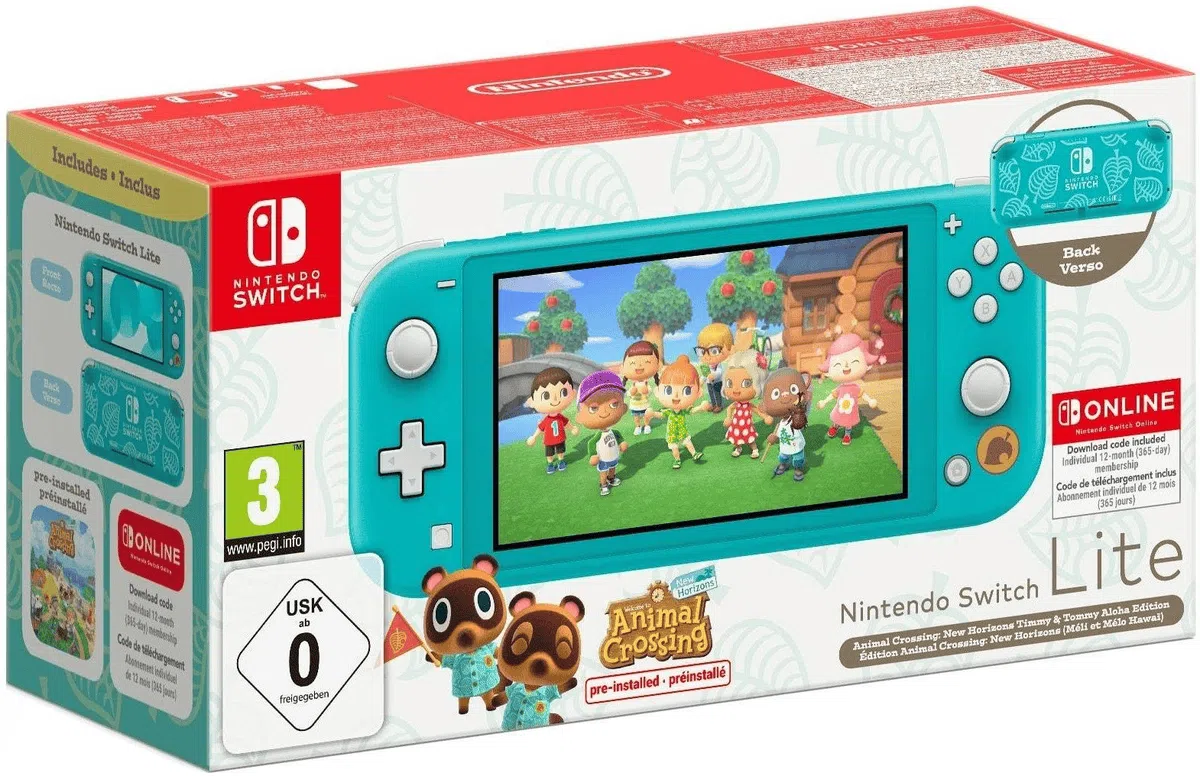 Nintendo Switch Lite Console - Turquoise Animal Crossing Tommy & Tommy Aloha & 12M NSO bundle