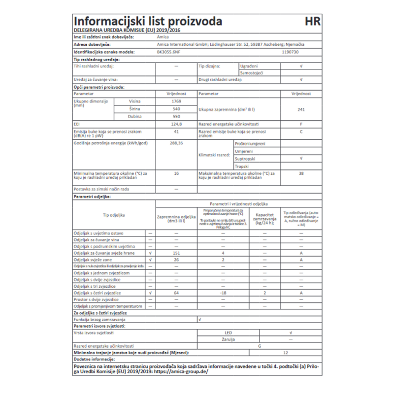 Amica ugradbeni kombinirani hladnjak BK3165.8K(E)