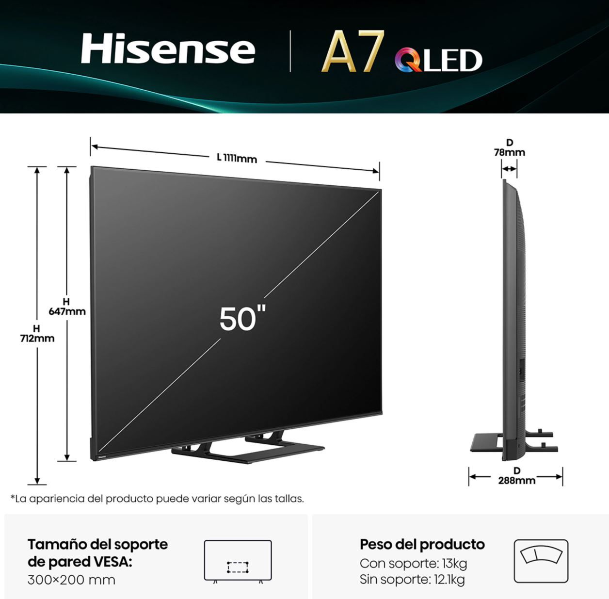Hisense 50" QLED TV 50A7Q 4K UHD